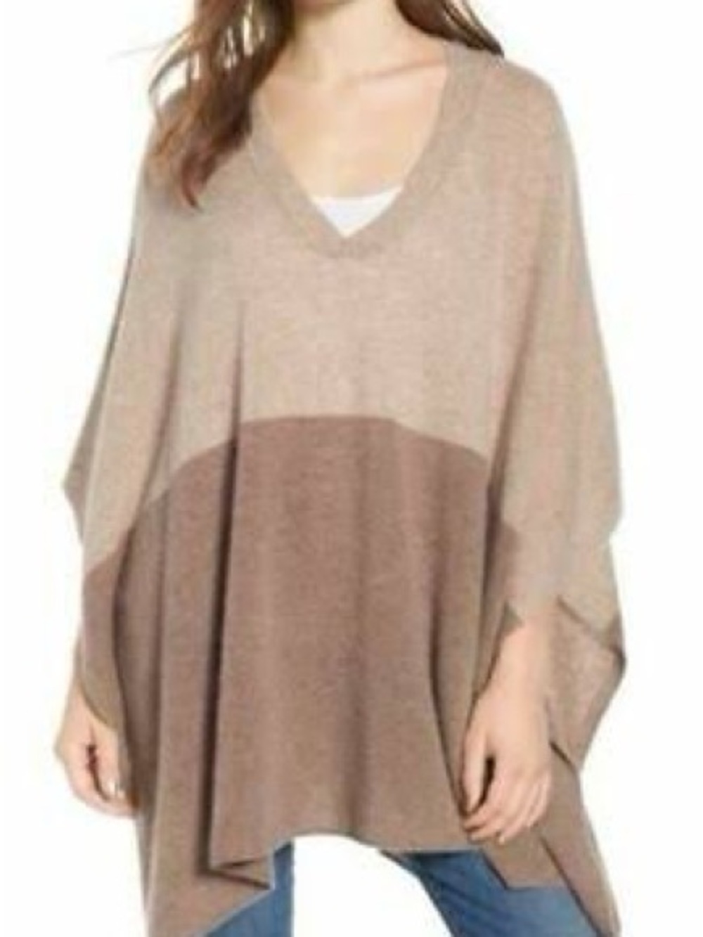 Halogen 100% Cashmere Color Blocked V-Neck Poncho Sweater One Size